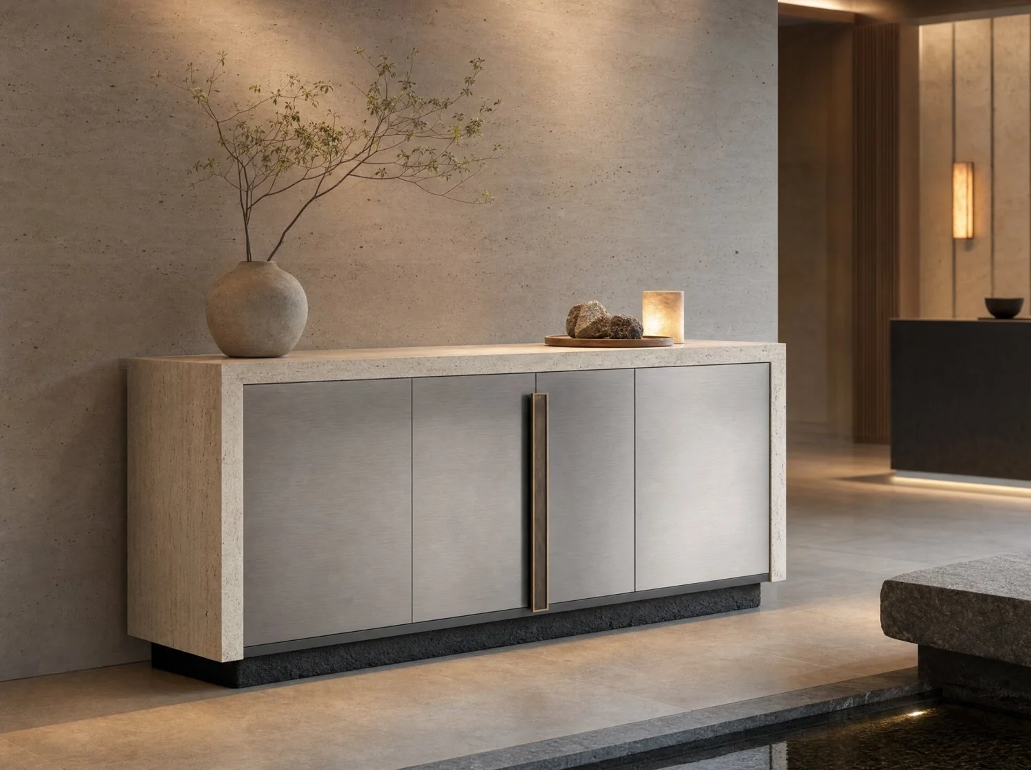 Credenza travertino y acero cepillado