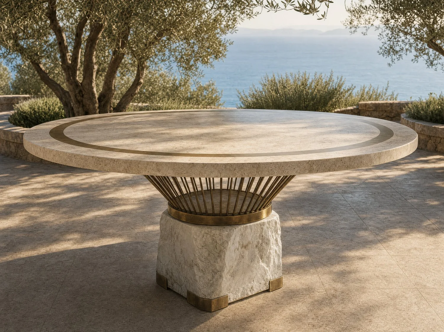 Mesa redonda "Arpa" travertino y bronce