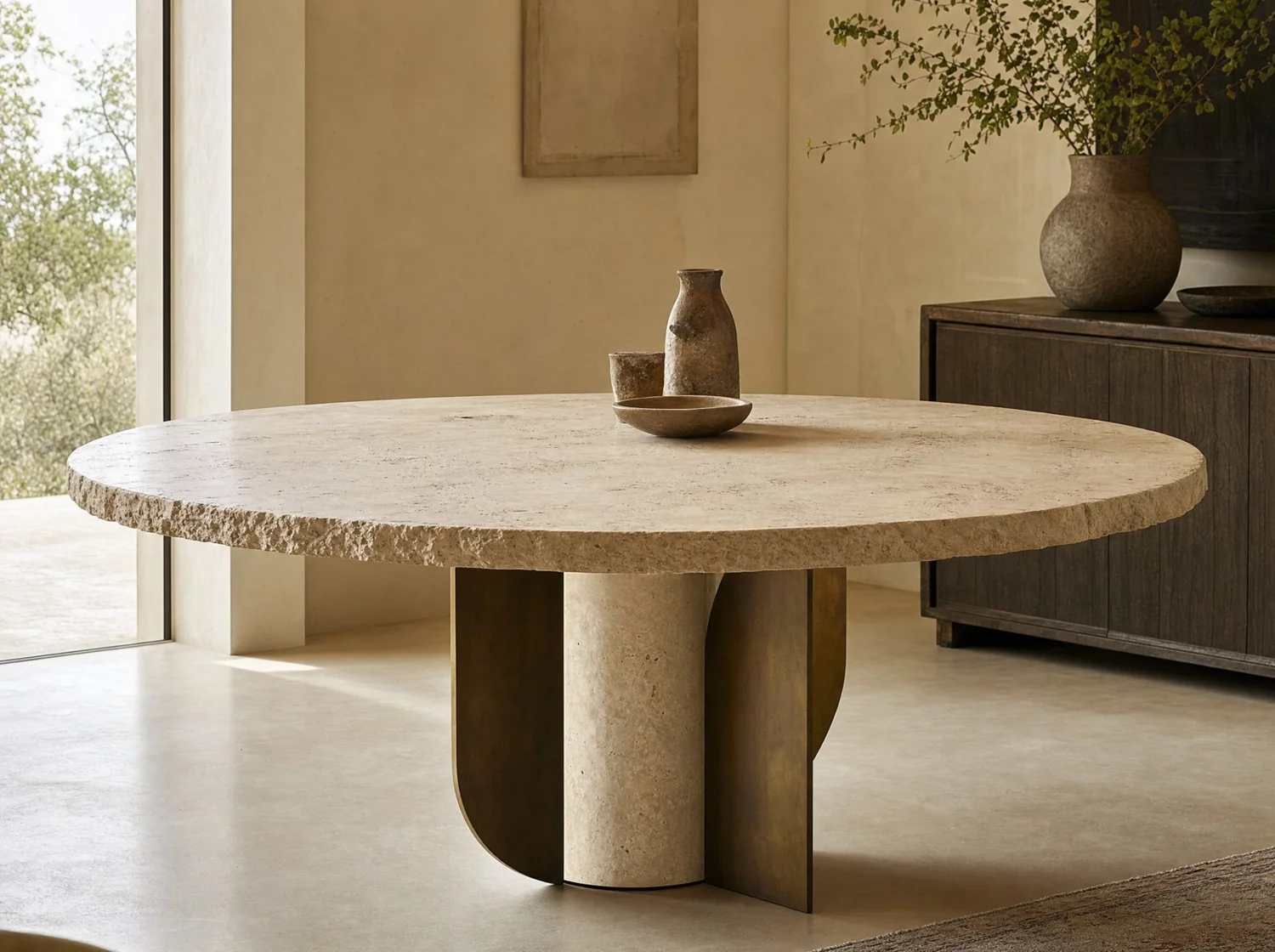 Comedor redondo "Aleta" travertino y bronce