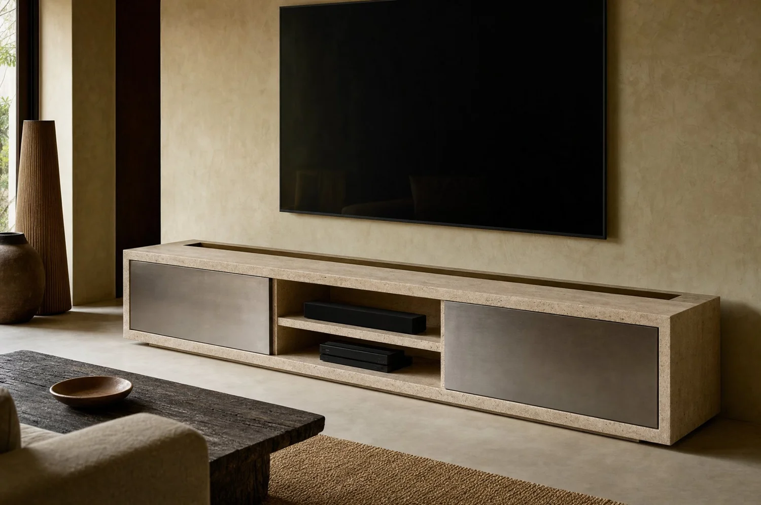 Mueble de TV "Bloque" travertino y acero