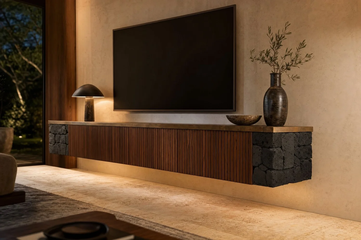 Mueble de TV flotante volcánica y nogal