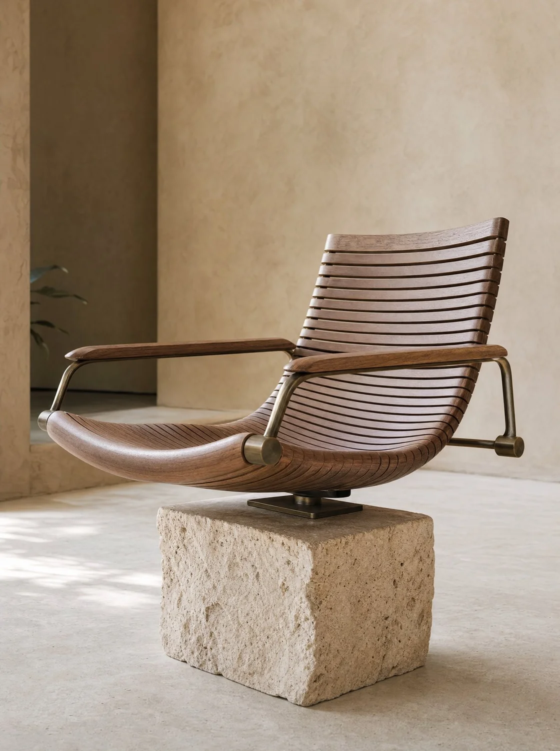 Sillón "Concha" parota sobre travertino