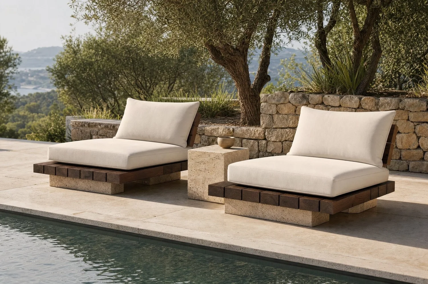 Lounge exterior "Sol" pino y travertino (par)