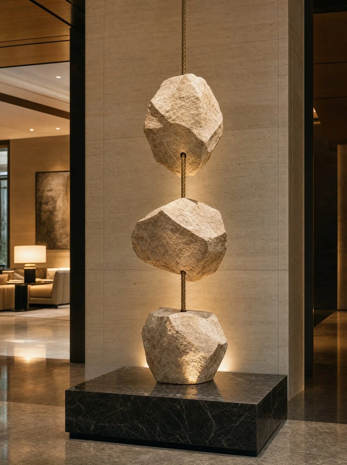 Escultura "Tensión" tres rocas y cable de bronce