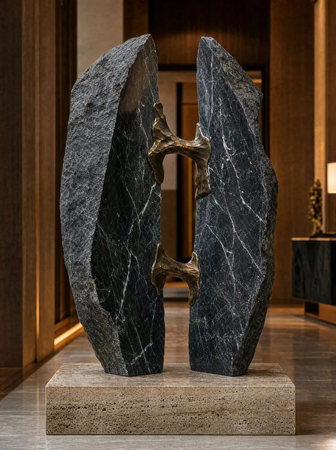 Escultura "Grieta" Negro Vizarrón y bronce colado