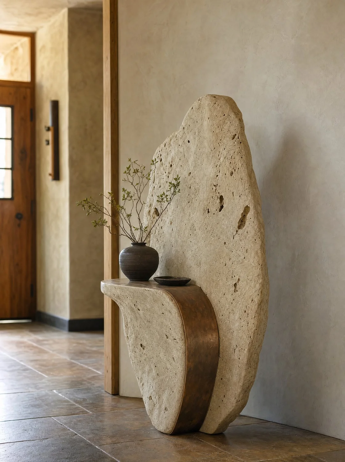 Consola escultura "Aro" travertino y cobre