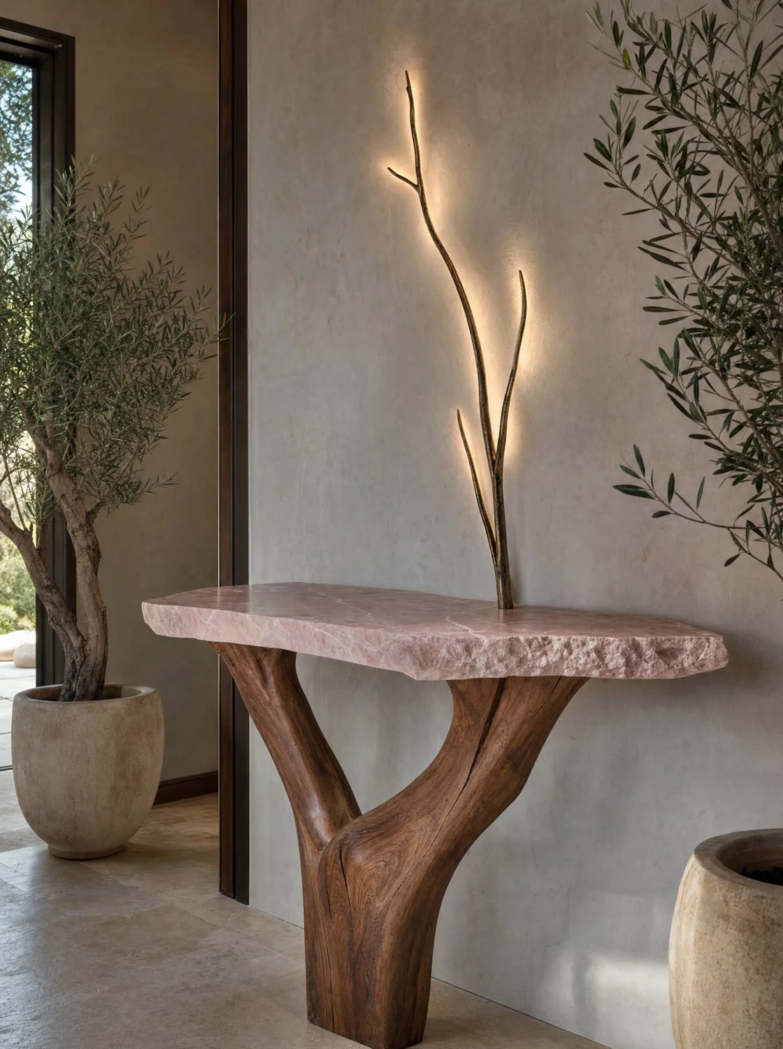 Consola "Árbol" parota, mármol rosa y ramas de bronce