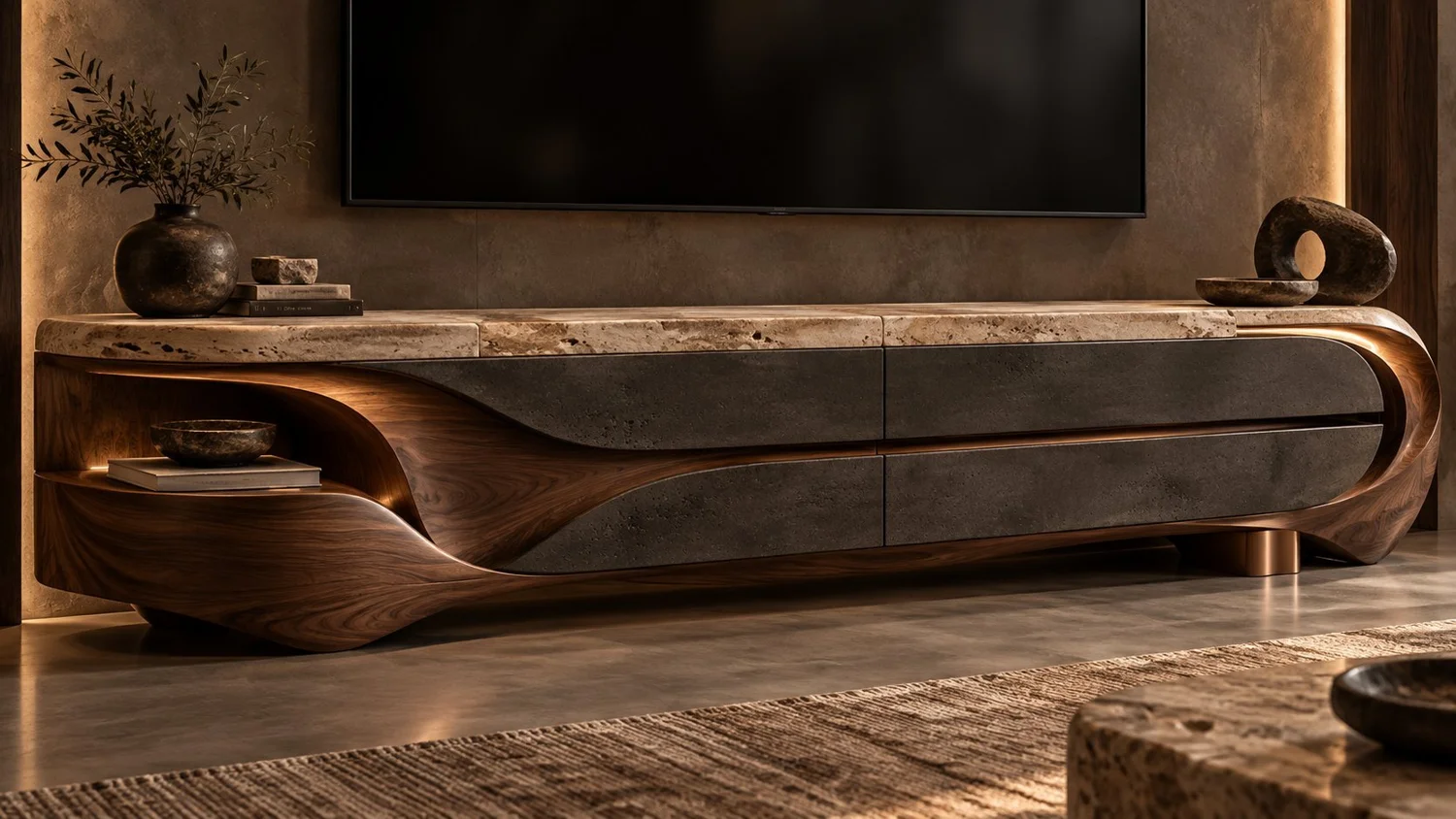 Mueble de TV "Ola" nogal, travertino y volcánica