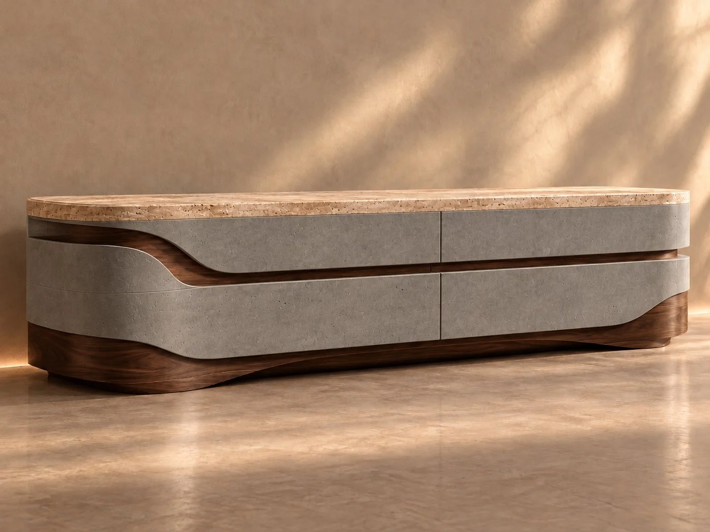Mueble de TV "Estrato" travertino, concreto y nogal
