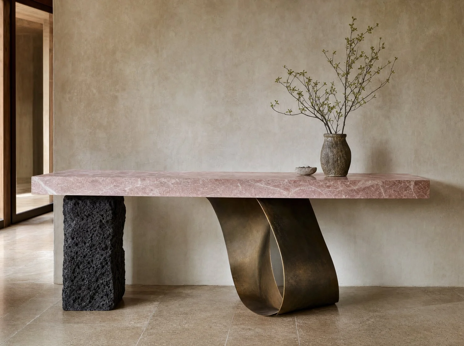 Consola "Rosa" mármol rosa y bronce