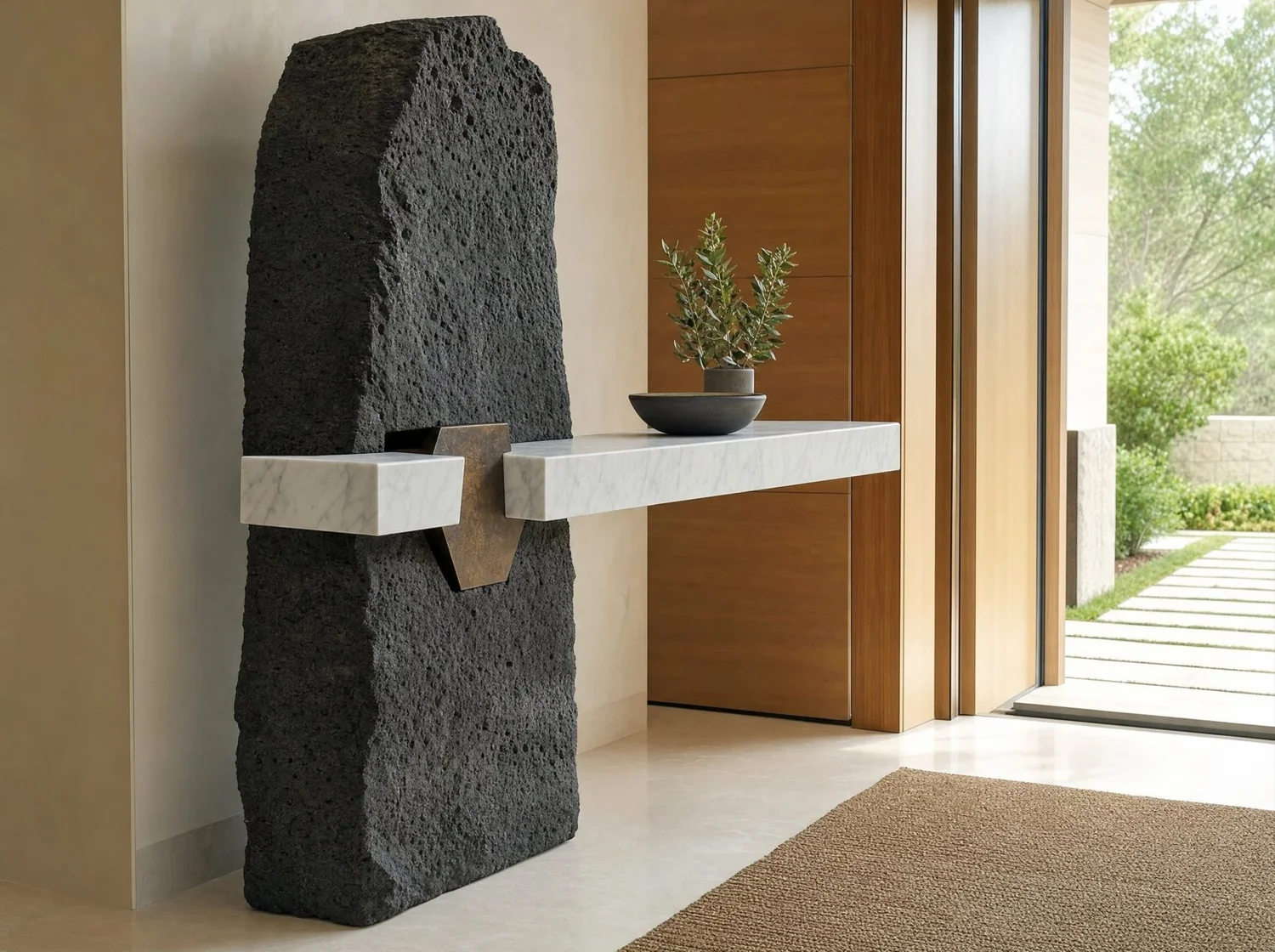 Consola escultura "Atravesada" volcánica y mármol blanco