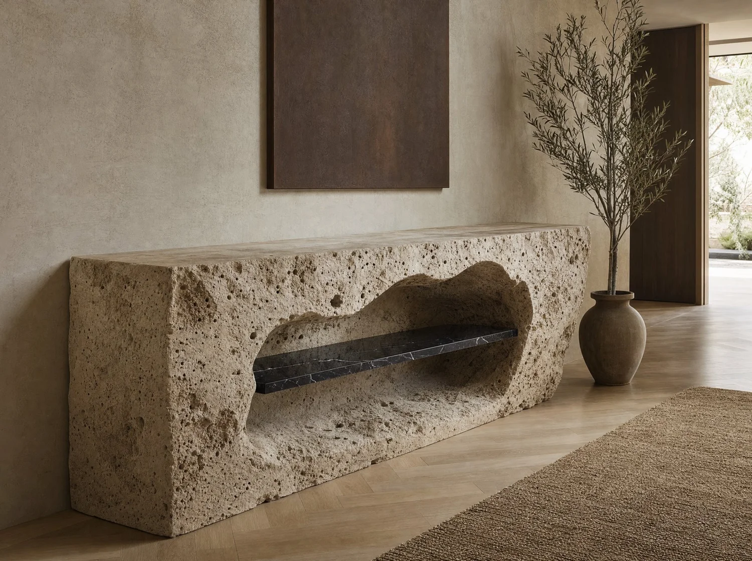 Consola escultura "Cueva" travertino y Negro Vizarrón
