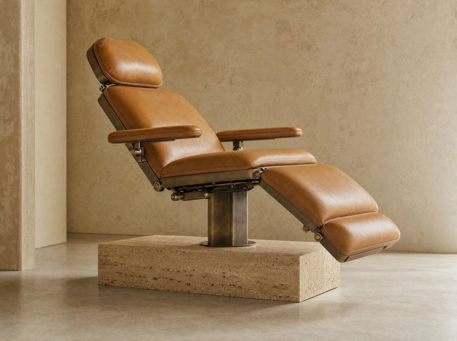 Silla de tratamiento "Estudio" travertino, bronce y piel cognac