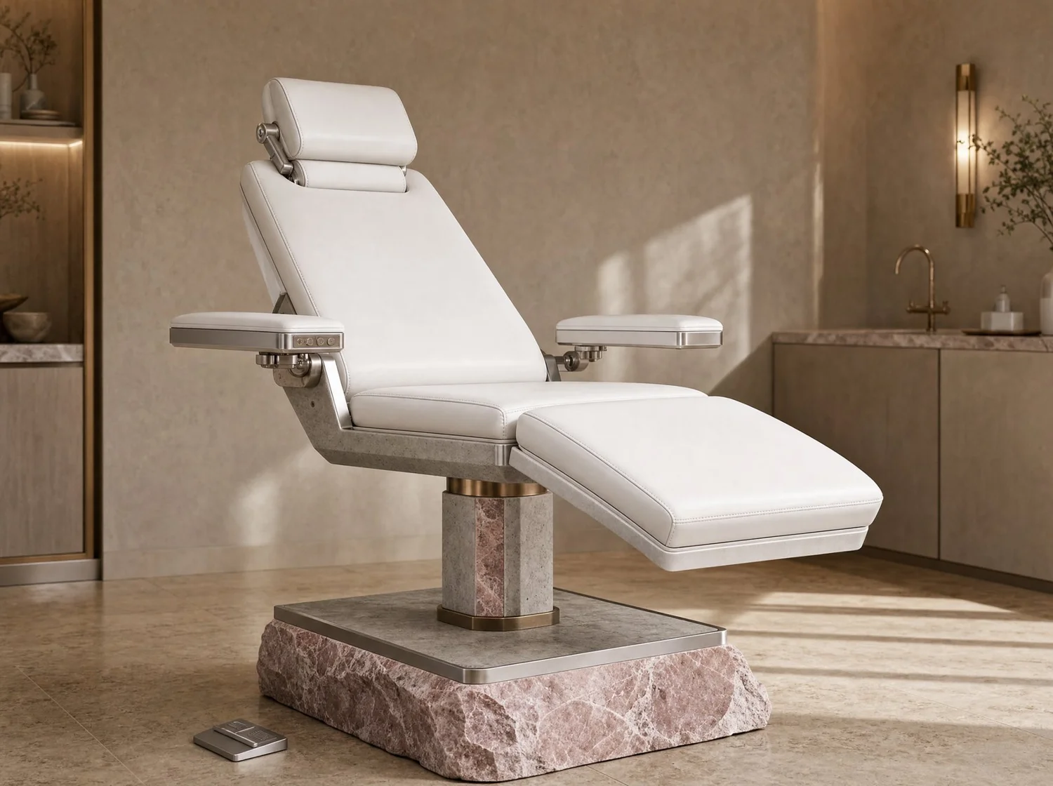 Sillón clínico eléctrico "Ethereal" concreto, mármol rosa y piel blanca