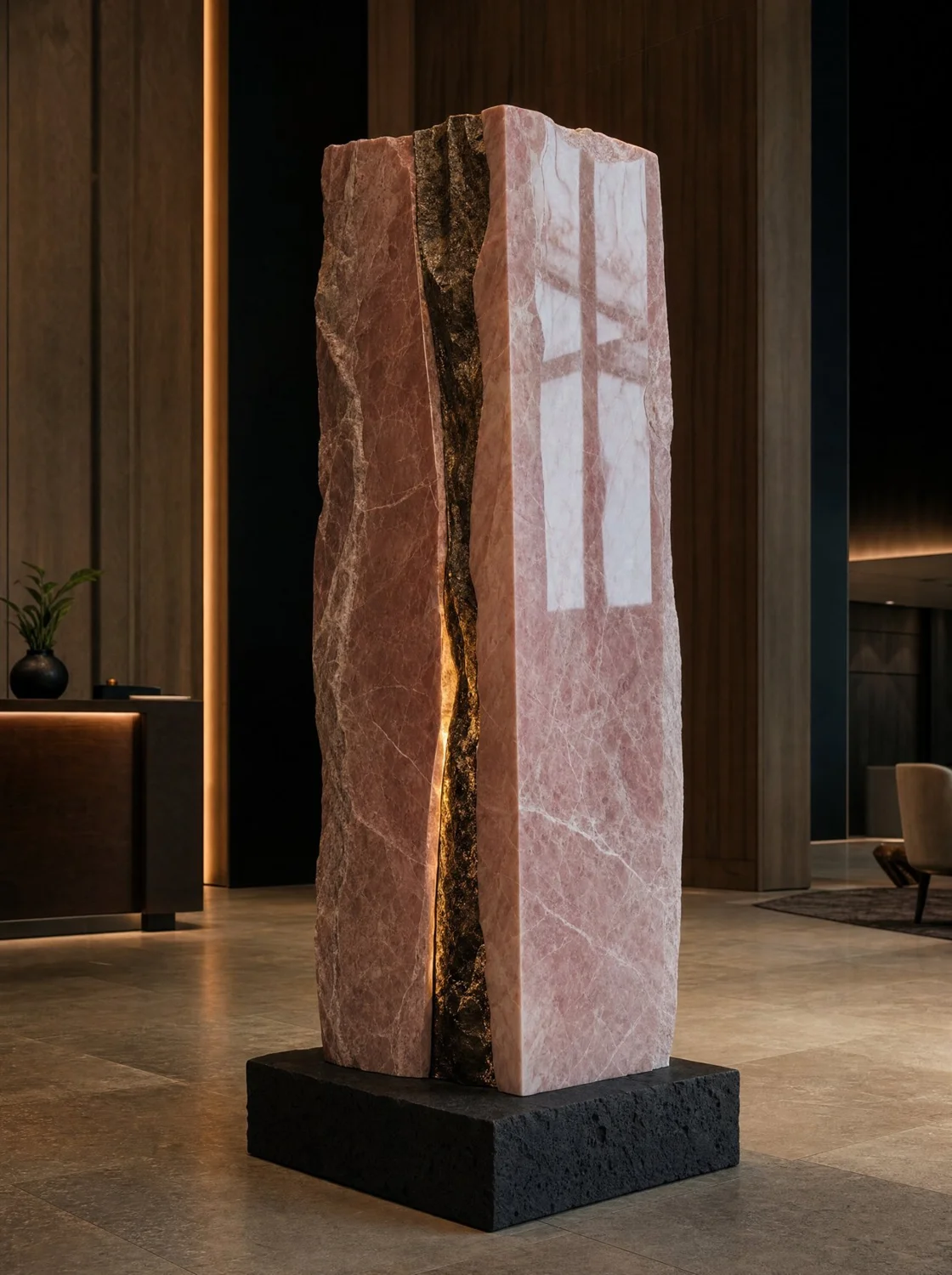 Escultura "Veta" monolito de mármol rosa y bronce