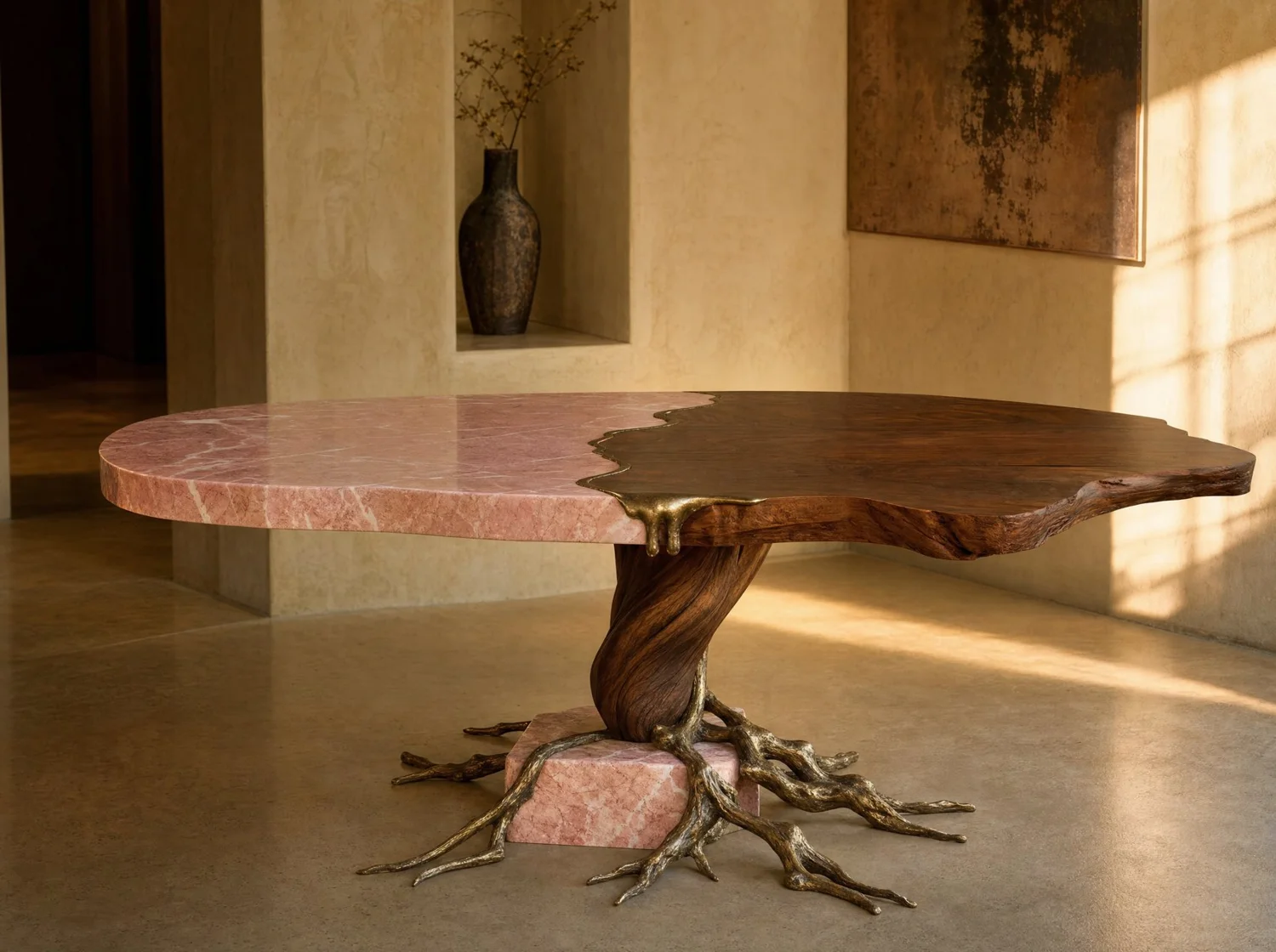 Comedor "Falla" mármol rosa, nogal y bronce colado